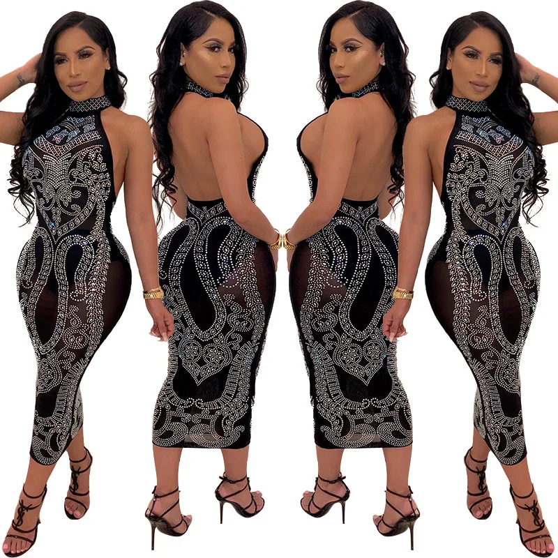 Платье женское черное модное сексуальное с открытой спиной принтом тонкое без