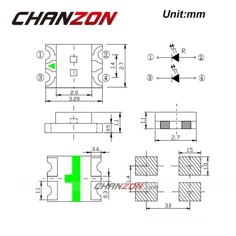 100 шт. SMD 1206 (3227) двухцветная синяя и красная SMT чип 20 мА DC 2 в светодиодный диодный