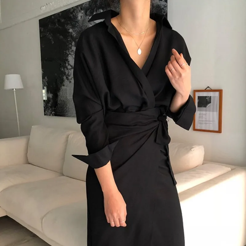 black TWOTWINSTYLE, осенние женские платья с длинным рукавом, с v-образным вырезом, с высокой талией, миди платье-рубашка, женское элегантное модное корейское платье - Цвет: black