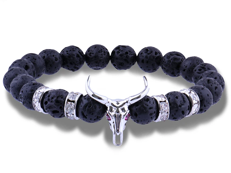 Панк Булл голова циркон браслет Мода 8 мм Лава камень бусины Шарм Браслеты и