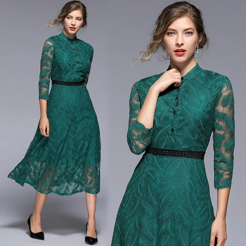 Trytree летнее осеннее однотонное зеленое платье кружевное полиэфирное