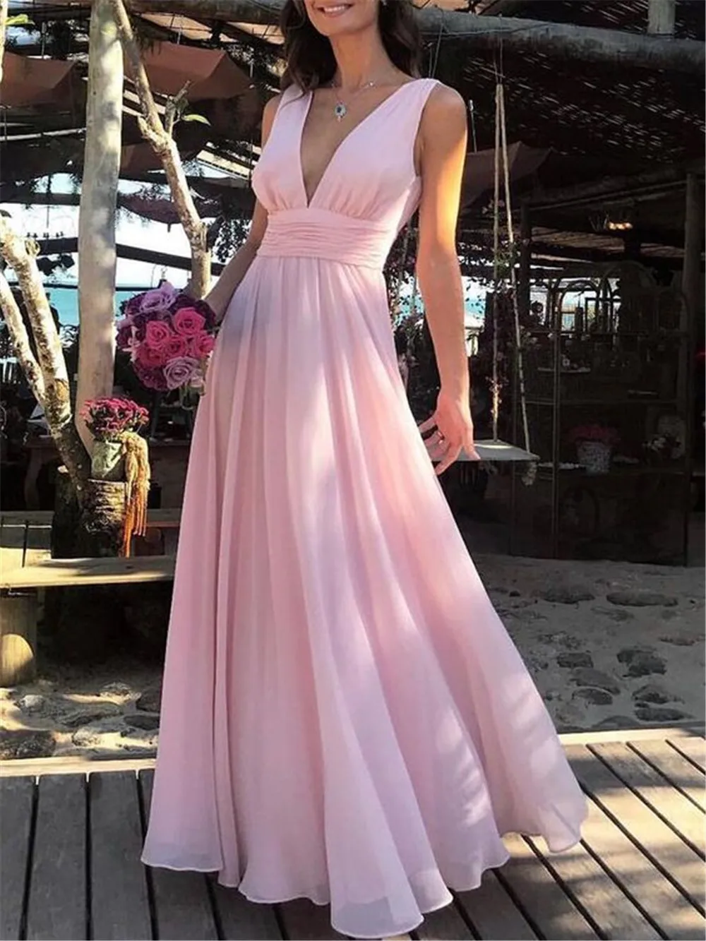 

High Quality Pink Chiffon Evening Dress V Neck A Line Floor Length Long Elegant Formal Dresses Cheap Wedding Party Gowns