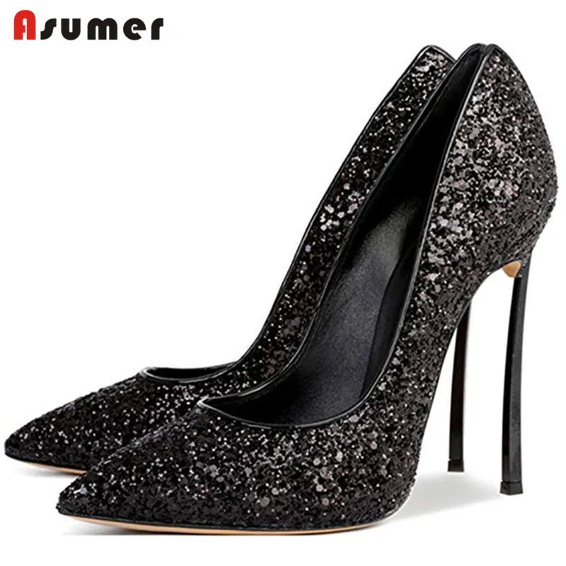 Женские туфли с блестками лодочки на тонком высоком каблуке 12 см вечерние весна