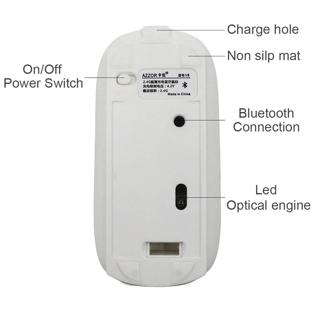 AZZOR V8 перезаряжаемая USB Bluetooth 3 0 Беспроводная мышь Бесшумная оптическая мини 2400 dpi