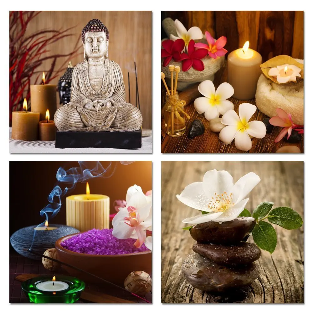 Sea Charm Buddha Statue Canvas 4 Piece Stone Quiet Candle And Frangipani Picture Modern Zen Painting Giclee Artwork For | Дом и сад