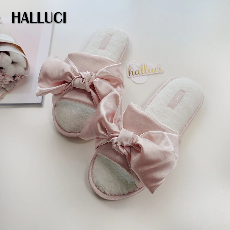 Шлепанцы женские из сатина милые шлепанцы с бантом Нескользящие шелковые