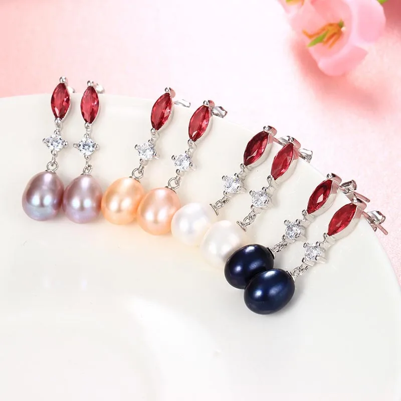 HENGSHENG 2017 New 925 Sterling Silver Women Dangle Earrings For Girlfriend Gift 8-9mm AAAA Freshwater Pearl with red crystal | Украшения и