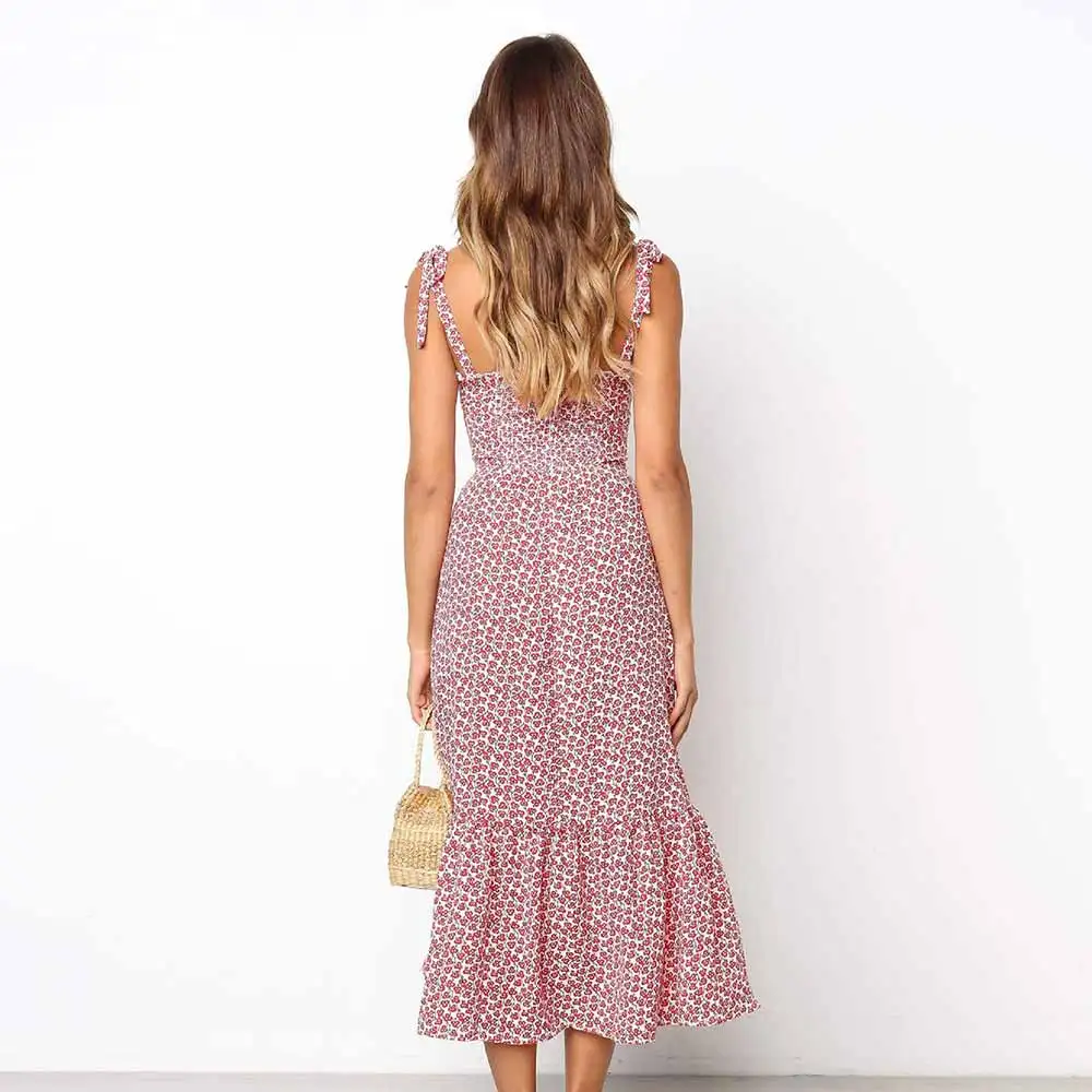 

WildPinky 2021 Floral Print Ruffles Mid Summer Dress Women Casual Twist Party Dress Strapless Beach Princess Long Dress Vestidos