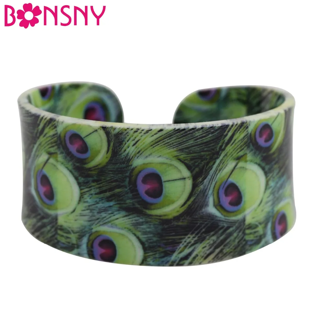 Bonsny акриловые цветные браслеты с животным рисунком птицы павлина широкие