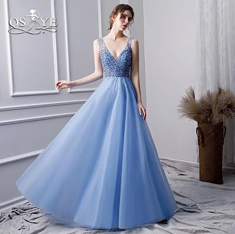 same as pictures QSYYE Новое поступление Длинные Выпускные платья халат de Soiree Бисер Топ V образным вырезом в Пол Длина Тюль Формальное вечернее Вечерние - Цвет: same as pictures