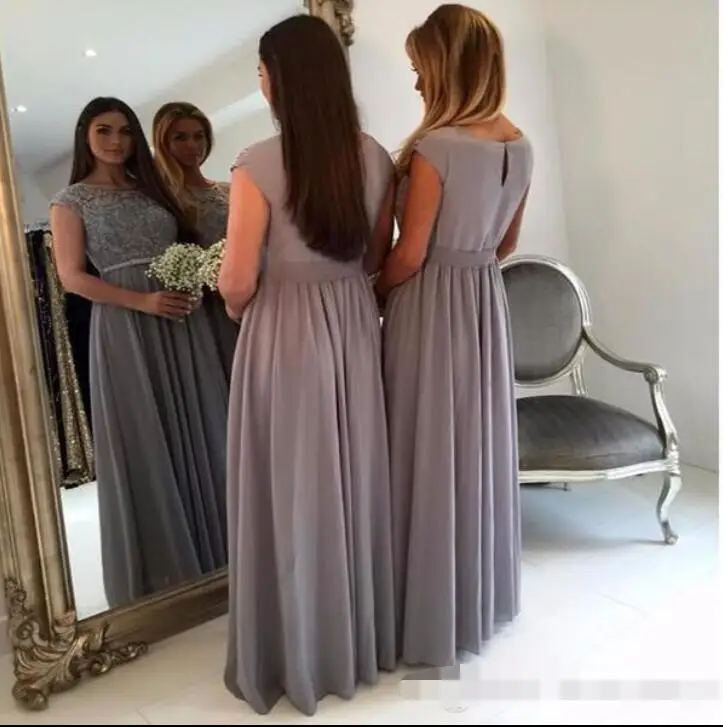 Серебро кружева шифон скромные платья для подружки невесты с Кепки рукава