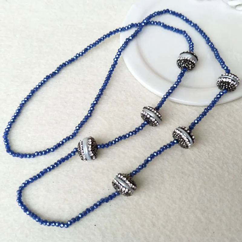 Ожерелье Стразы с 4 натуральными жемчужинами ожерелье голубыми кристаллами из