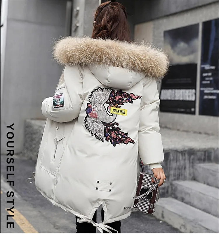 off white Мода, плюс размер, пуховик, хлопок, женская зимняя парка, свободный, утолщенный, меховой воротник, с капюшоном, с вышивкой, хлопковое пальто для женщин, G391 - Цвет: off white