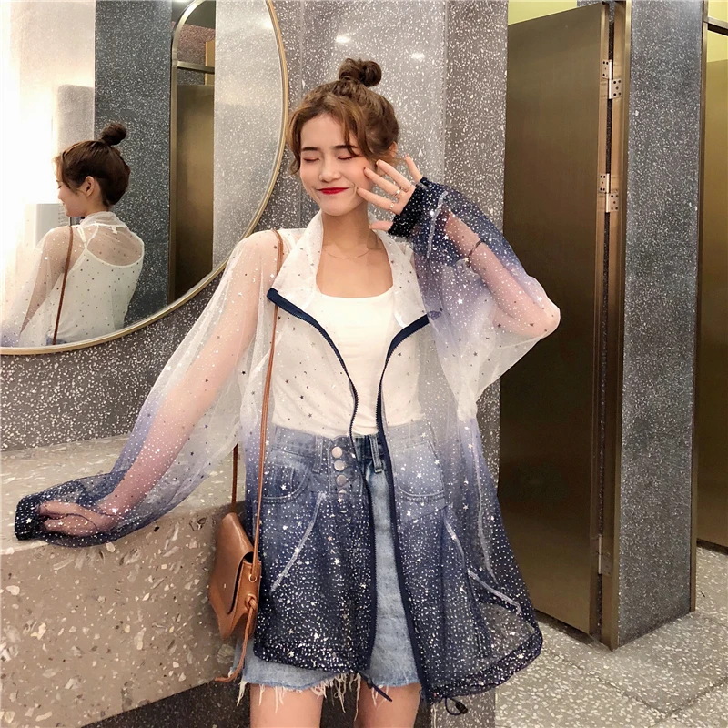 Harajuku солнцезащитное пальто, градиентная Женская куртка с блестками, женская тонкая куртка размера плюс, Женское пальто с длинным рукавом, прозрачная куртка