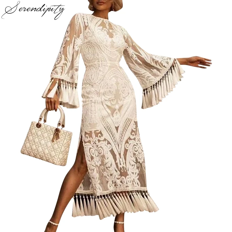 SRDP винтажное белое длинное платье с вышивкой женское летнее облегающее бахромой