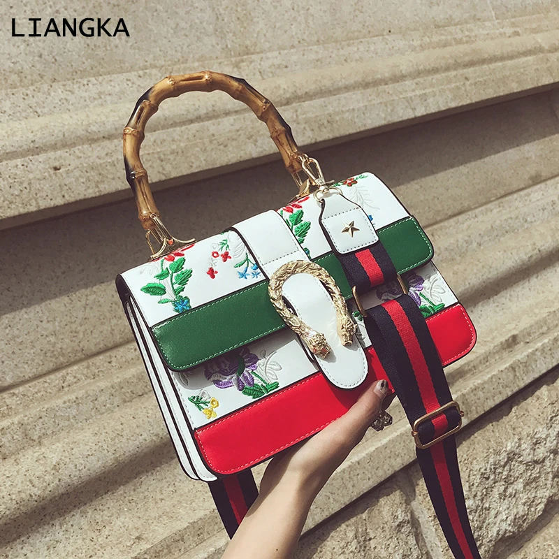 LIANGKA PU Leather Female Fashion Handbag Floral Embroidery Bamboo Handle Bag Ladies Shoulder Clutch For Women 2018 | Багаж и сумки