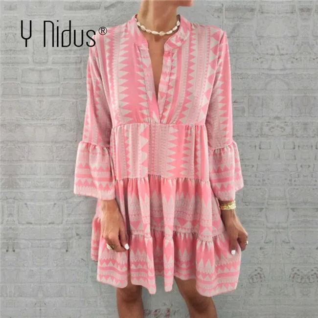 light pink Y Nidus летние полосатые платья Мини женские Boho осенние вечерние короткие пляжные платья повседневные свободные Сарафаны с v-образным вырезом femme Vestidos - Цвет: light pink