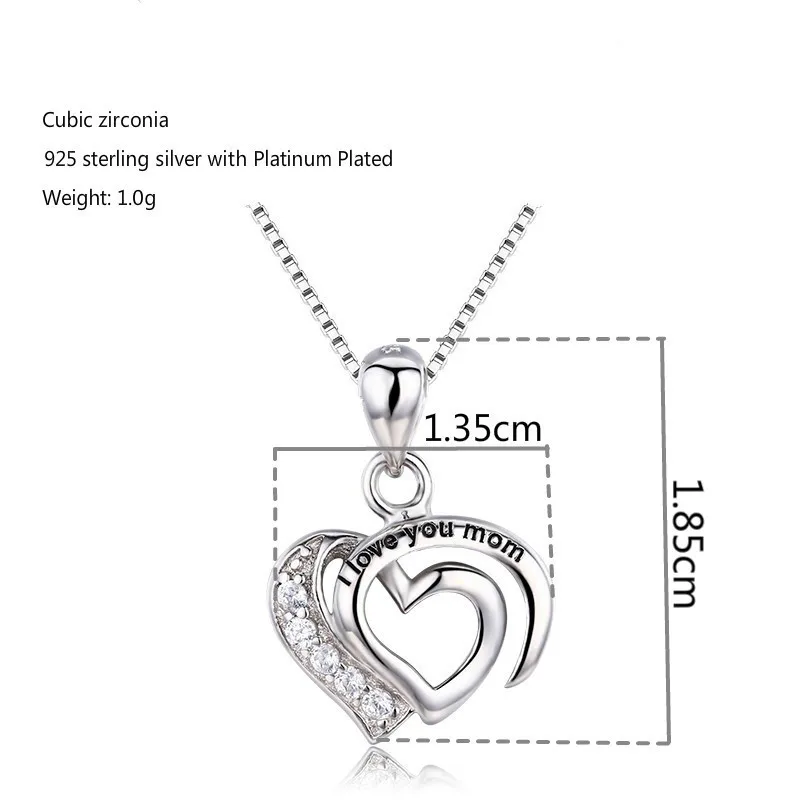 Кулон женский из серебра 925 пробы с двумя сердечками и надписью I lOVE YOU MOM |