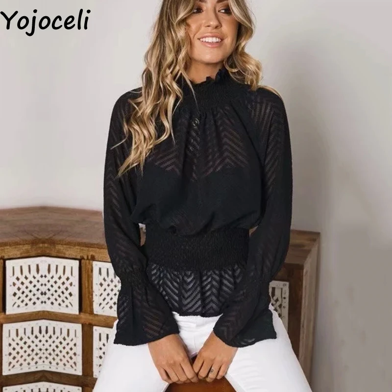Yojoceli сексуальная белая кружевная Элегантная блузка женская зимняя черная