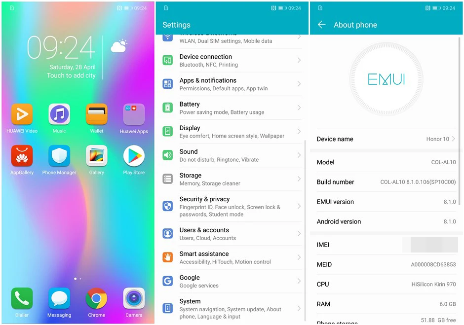 Новое поступление, Honor 10, 5,84 дюймов, 2280x1080 p, Honor 10 экран, мобильный телефон, четыре ядра, face ID, NFC, android 8,1, батарея 3400 мАч