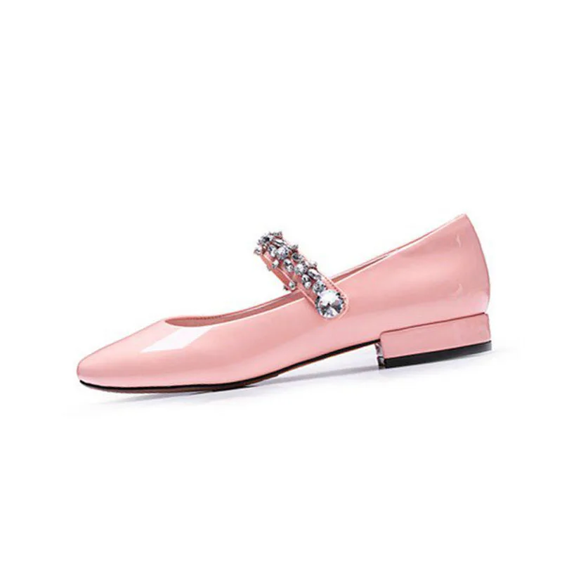 

Pink Mary Jane Flat Round Toe Rhinestone Flats for School Buckle Strap Crystal Generous Incomparable Noble Women Shoes FSJ