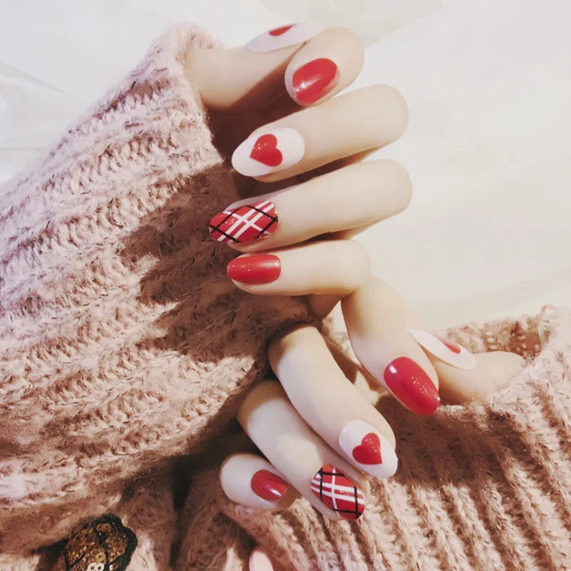 Миндаль средней длины поддельные ногти Милая полоса Diy ногтей искусство