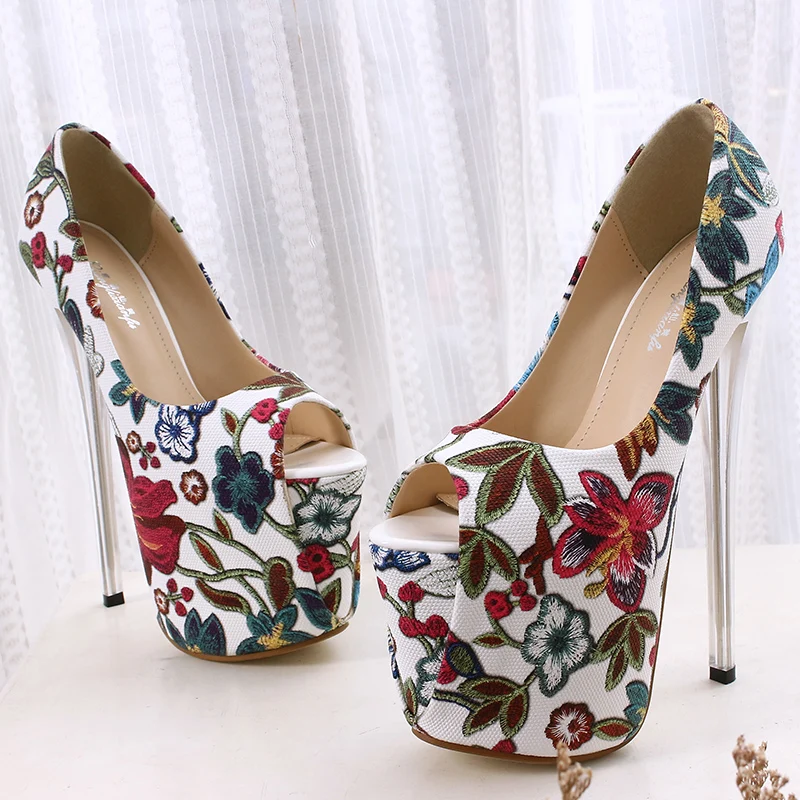 LLXF zapatos/Большие размеры: 34-42, 43, Летние Босоножки с открытым носком и цветочным принтом пикантные туфли на тонком высоком каблуке 20 см для ночного клуба женские туфли-лодочки на шпильке