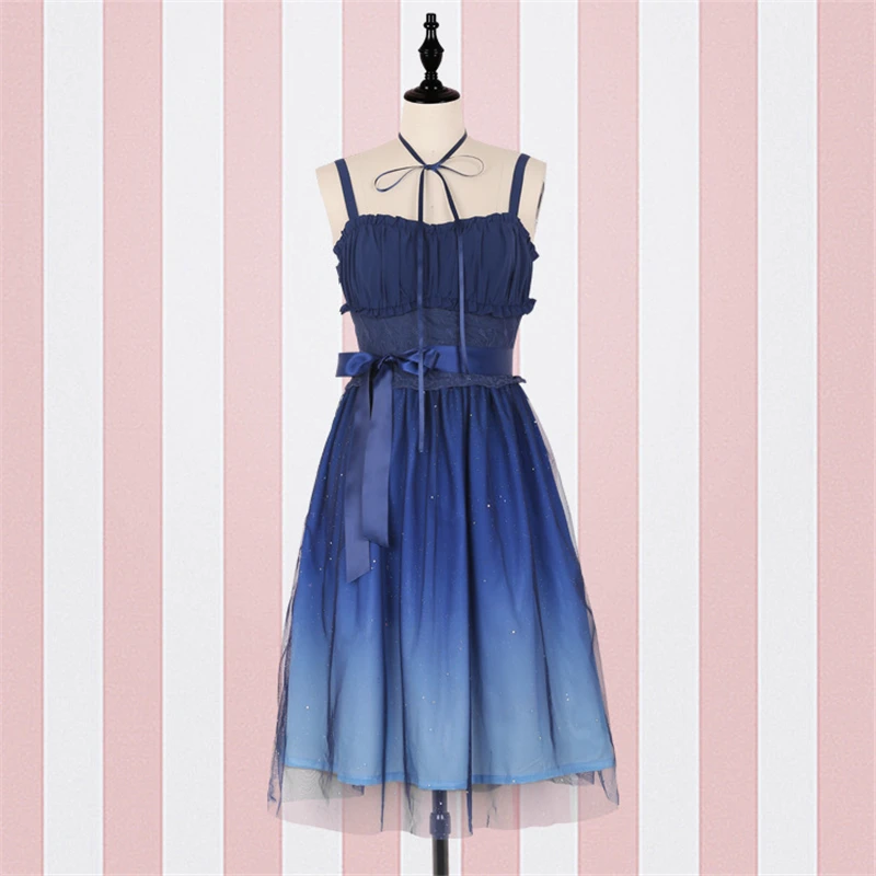Short Dress Женское платье в стиле милой Лолиты, длинное синее платье с градиентом, вечерние платья на Рождество, Хэллоуин, кружевная ночная одежда с высокой талией, милая одежда Vestidos - Цвет: Short Dress