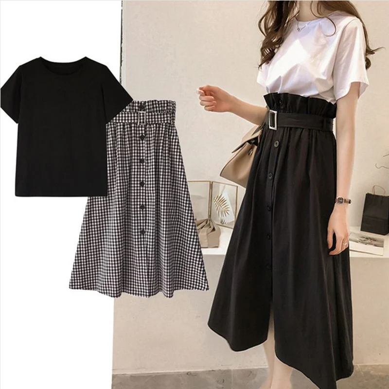 2020 летние женские новые комплекты юбок с коротким рукавом хлопковый топ + юбка