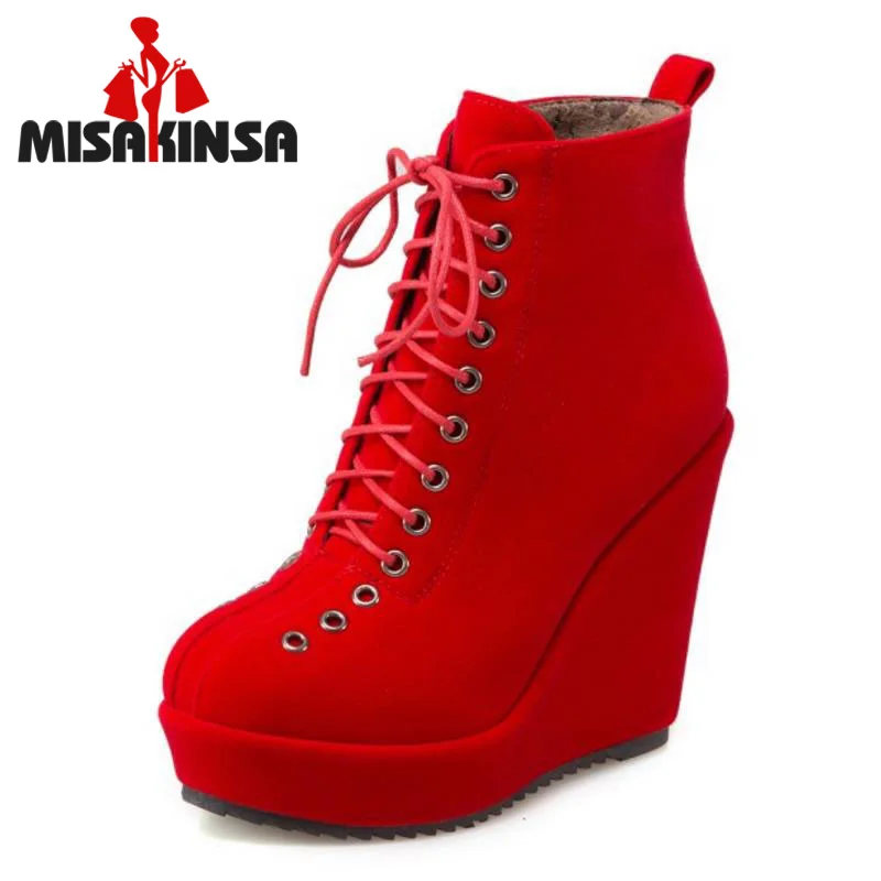 FITWEE/женские полусапожки на высокой танкетке ботинки платформе со шнуровкой