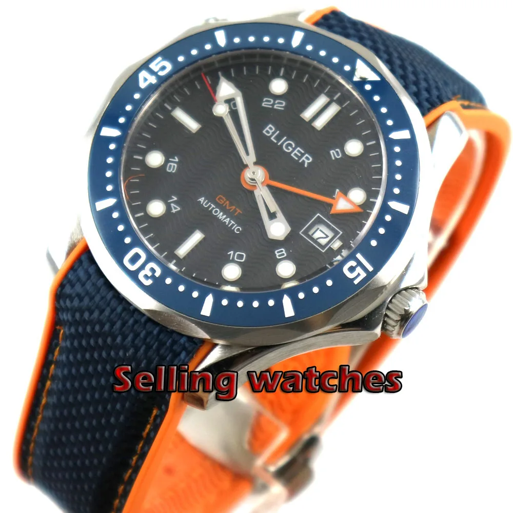 

41mm bliger navy black dial GMT date ceramic bezel sapphire glass deploymenat clasp automatic mens watch