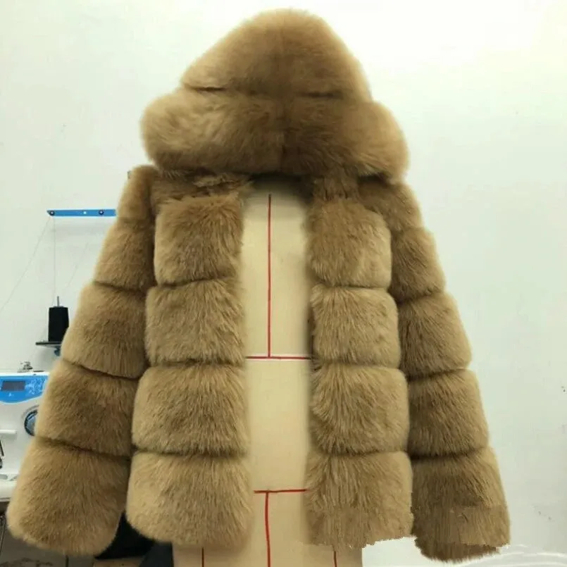 Модное меховое пальто с капюшоном размера плюс средней длины Женское пальто из искусственного меха черное синее серое плотное и теплое зимнее пальто с длинными рукавами