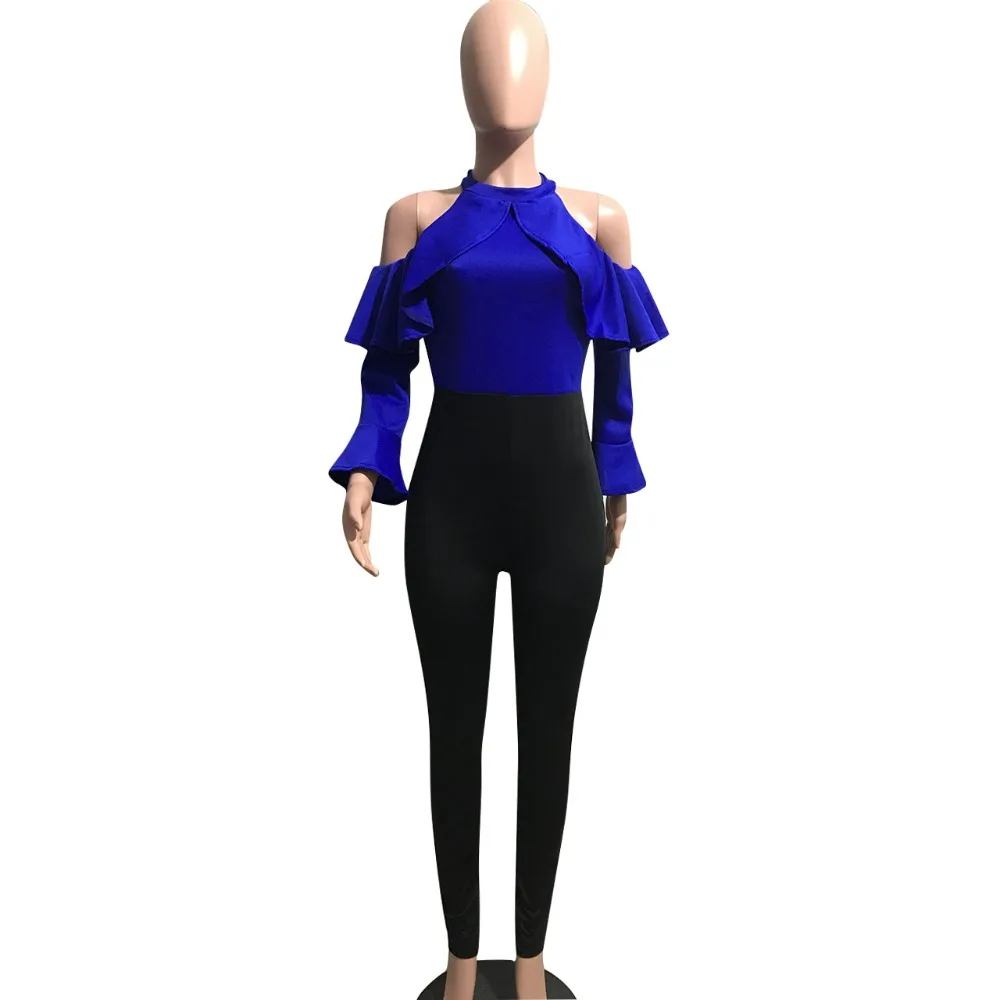 Ruffles Cold Shoulder Jumpsuit Women Casual Color Block Long Sleeve O Neck Bodycon Overalls For Slim Evening Party Rompers | Женская