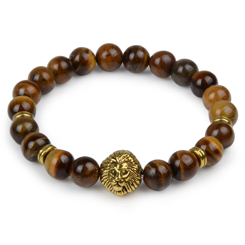 tiger eye gold Посеребренные Leo голова льва Браслет тигровый глаз Лава Шарм Будды Бусы Эластичный браслет Натуральный камень браслет Для мужчин Для женщин - Окраска металла: tiger eye gold