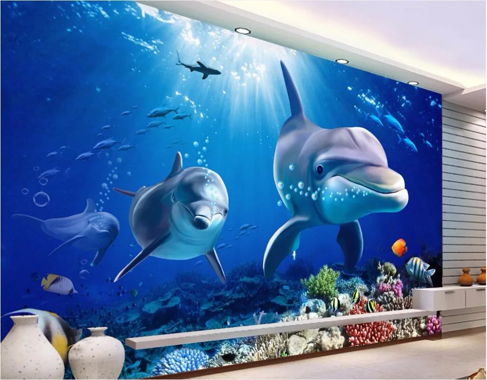 3d обои на заказ фотообои Дельфин подводный мир фон Настенные для стен настенные