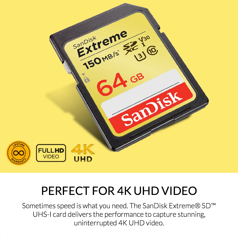 Двойной Флеш-накопитель SanDisk Memory Card Extreme SDXC SD Card 64 Гб C10 U3 V30 150 МБ/с. читать Скорость UHS-I в формате 4K UHD, для Камера(SDSDXV6-064G-ZNCIN