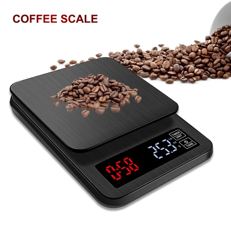 Balança de Café Eletrônica com Gotejamento Digital Lcd com Temporizador 3kg 5kg 0.1g Cor Preta para Cozinha para Cozimento Peso Usb Balanças de pesagem