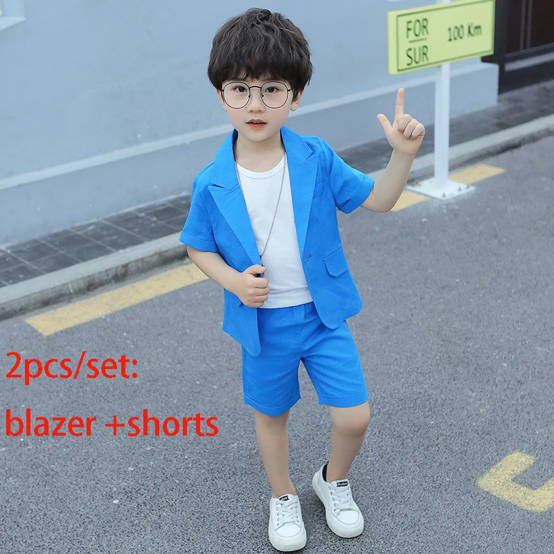 blue 2pcs Летний детский костюм с короткими рукавами; костюм для мальчиков для выступлений, дня рождения; детский Блейзер; шорты; брюки; одежда - Цвет: blue 2pcs