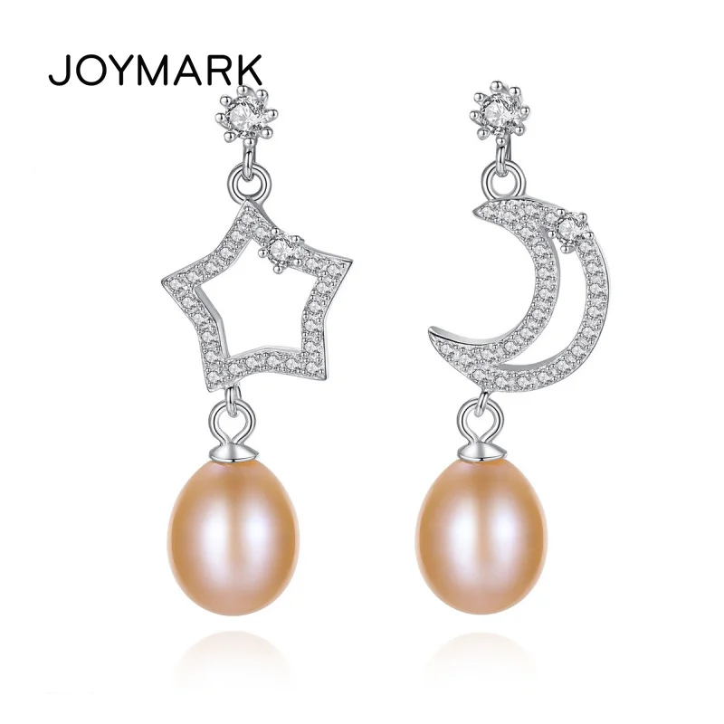 

JOYMARK New Fashion 925 Sterling Silver Shining Star Moon Natural Pearl Stud Earrings Brincos For Party JPSE033