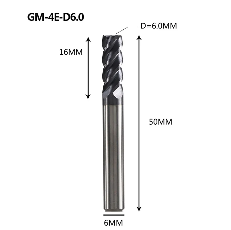 GM-4E-D6.0 GM-4E Вольфрамовая сталь 4 флейты квадратной головкой с покрытием Концевая фреза Фрезерный резак режущие инструменты для обработки металла профиль HRC45 - Длина режущей кромки: GM-4E-D6.0