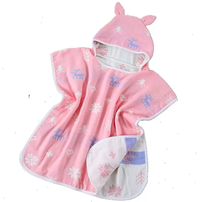 Deer Pink Хлопок марля 6-слойное бальное платье Детское банное Полотенца с меховым капюшоном Детские пончо Животные колготки для младенцев с рисунком Пляжная накидка Полотенца - Цвет: Deer Pink
