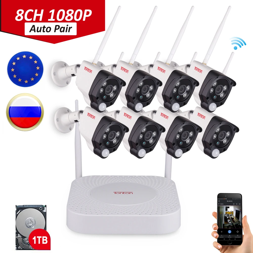 

Tonton 8CH 1080P Audio Recording PIR Sensor Wireless CCTV System Wifi NVR Kit 2MP Outdoor IP Camera Security Camera Kit 1TB HDD