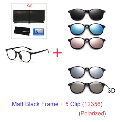 TWO Oclock Magnet Sunglass Women Men Polarized Lens Optical Spectacle Frame Clip On Glasses Men Round TR90 3D Night Vision A2245 - Цвет линз: 1 Frame 5 Clip 12356