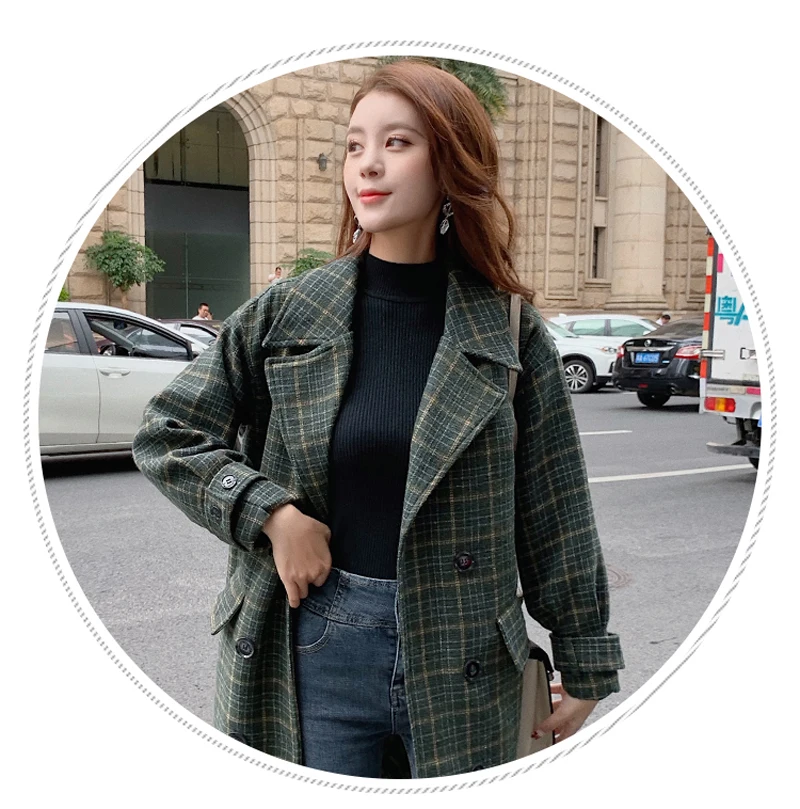Zoki Loose Plaid Women Long Wool Blend Coat Fashion Winter Warm Jacket Elegant Double Breasted Autumn Fleece Outwear Plus Size