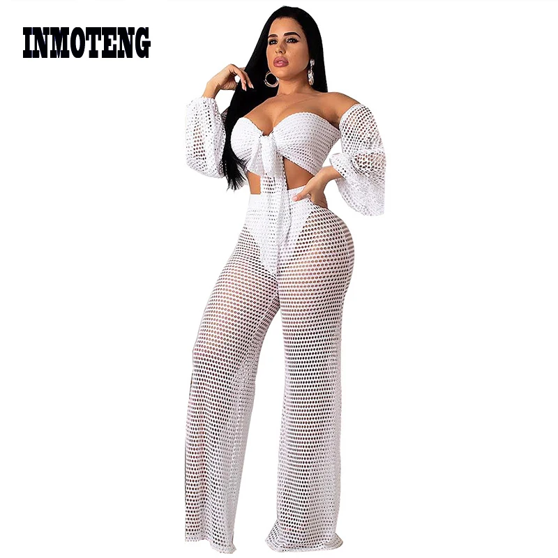 

INMOTENG Sexy Mesh Beach 2 Piece Set Women Off Shoulder Bandage Wide Leg Pants Hollow Out Fashion Loose Beach Two Piece Set