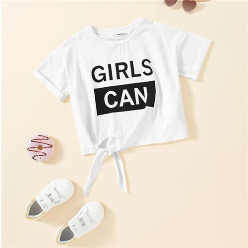 Белый SHEIN Kiddie Solid White Knot Graphic Letter Print Kids T-Shirt Girls Tops Summer Short Sleeve Casual Crop Kids Shirts Tee - Цвет: Белый