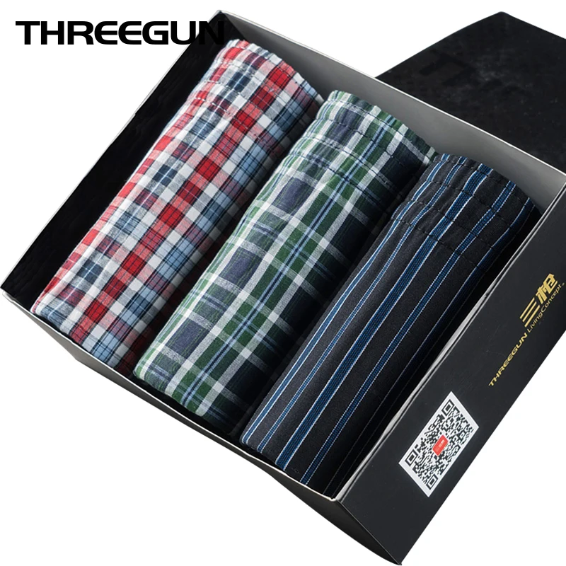 THREEGUN, хлопок, мужские клетчатые боксеры, нижнее белье со стрелками, трусы-боксеры с эластичным поясом, удобные трусики, cueca, боксеры