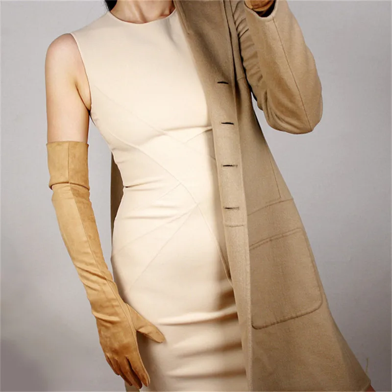 Suede nude 60 см лакированные кожаные Экстра длинные перчатки длинная секция PU эмуляция кожа зеркало яркий белый сенсорный экран женские перчатки WPU37-60 - Цвет: Suede nude