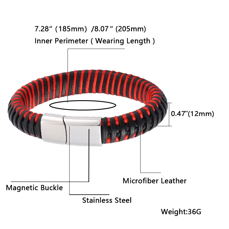 Модный мужской черный красный плетеный кожаный браслет серебряный цвет