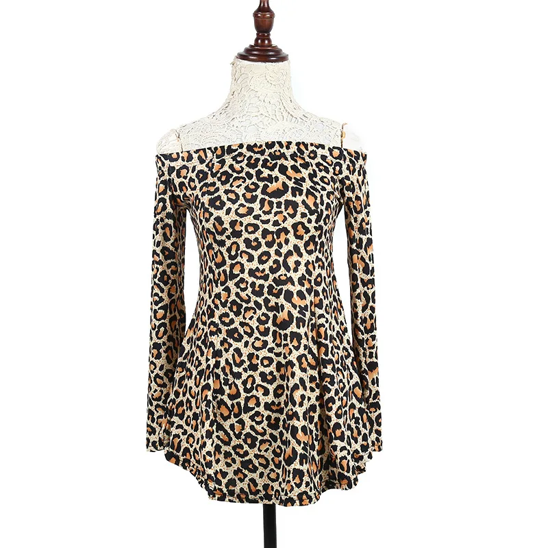 

YL Brand 2018 New Women Fashion Summer Slim Leopard Dress Slash Neck Long Sleeve Sexy Skinny Pleated Party Club Mini Dress